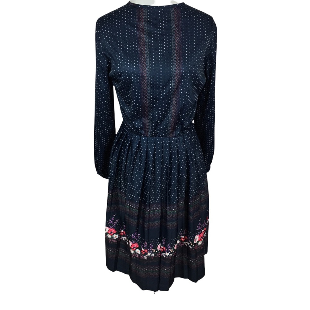 Vintage 70s Long sleeve navy blue printed dress